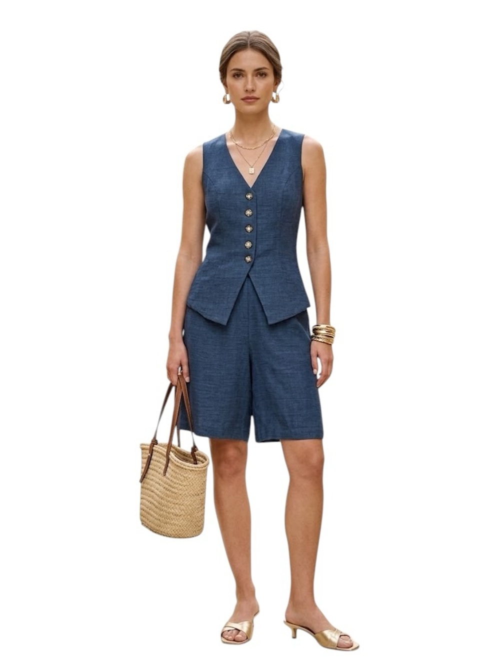 Sleeveless Navy Two-Piece Short and Vest Set - Classic Tailored Style